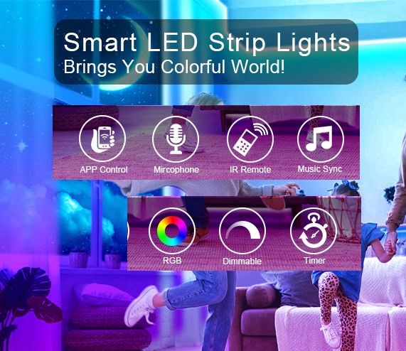 5M LED Strip Lights Rope Light showcasing vibrant colors and remote control features, ideal for bedroom and home decoration.