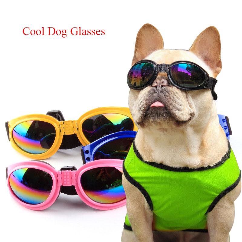 A set of five colorful foldable pet glasses for dogs, showcasing blue, black, white, yellow, pink, and red options, designed for eye protection.