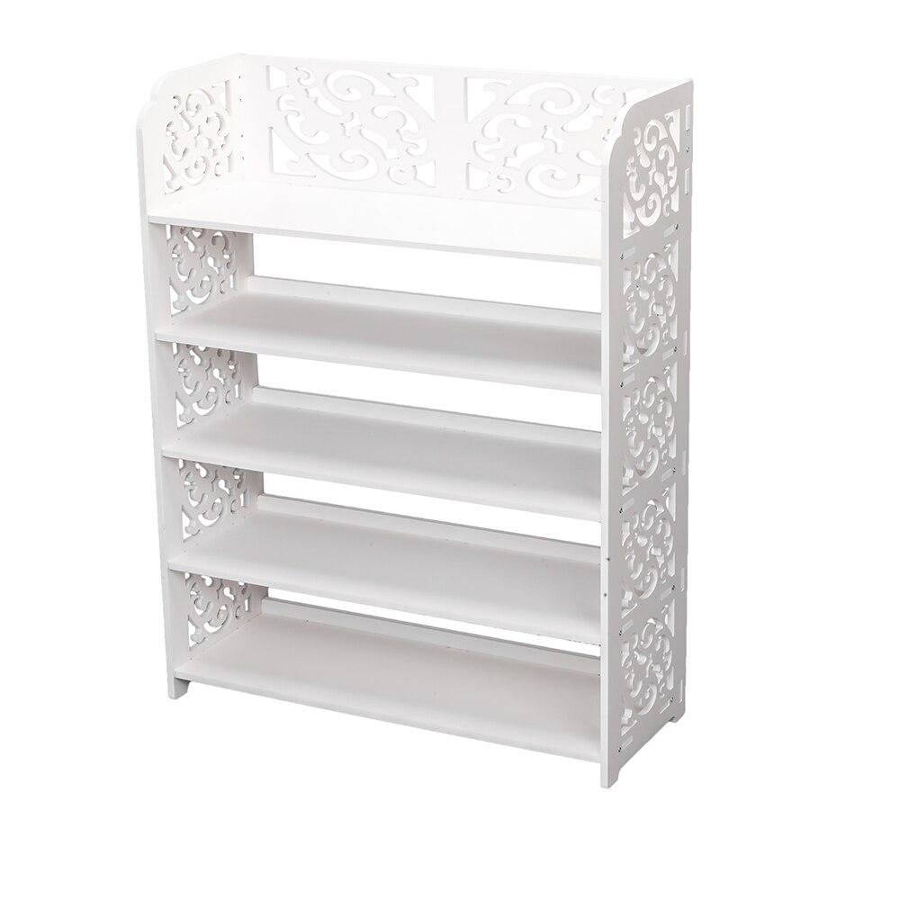 5-Tiers Carved Shoe Rack made of waterproof wood-plastic board, featuring five spacious tiers in a stylish white finish.