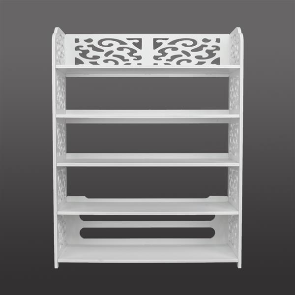 5-Tiers Carved Shoe Rack made of waterproof wood-plastic board, featuring five spacious tiers in a stylish white finish.