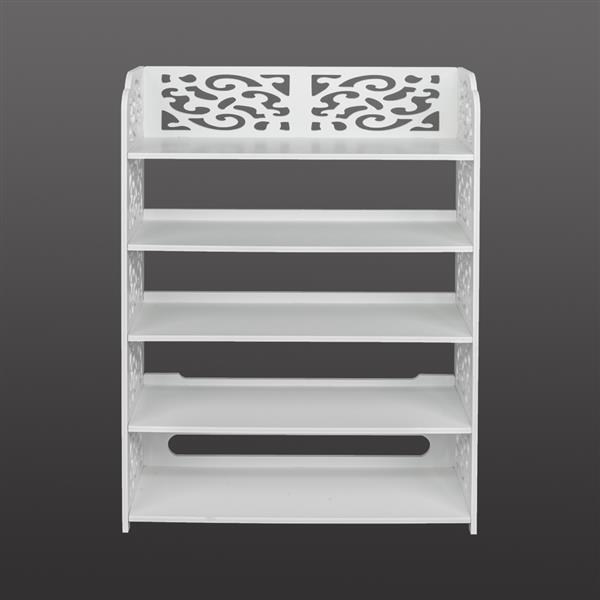 5-Tiers Carved Shoe Rack made of waterproof wood-plastic board, featuring five spacious tiers in a stylish white finish.