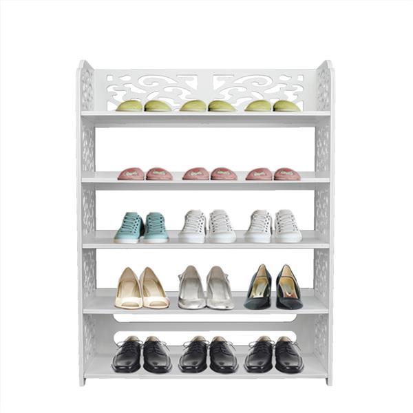 5-Tiers Carved Shoe Rack made of waterproof wood-plastic board, featuring five spacious tiers in a stylish white finish.