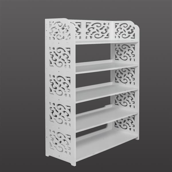 5-Tiers Carved Shoe Rack made of waterproof wood-plastic board, featuring five spacious tiers in a stylish white finish.