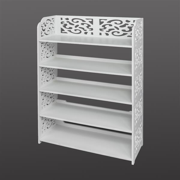 5-Tiers Carved Shoe Rack made of waterproof wood-plastic board, featuring five spacious tiers in a stylish white finish.