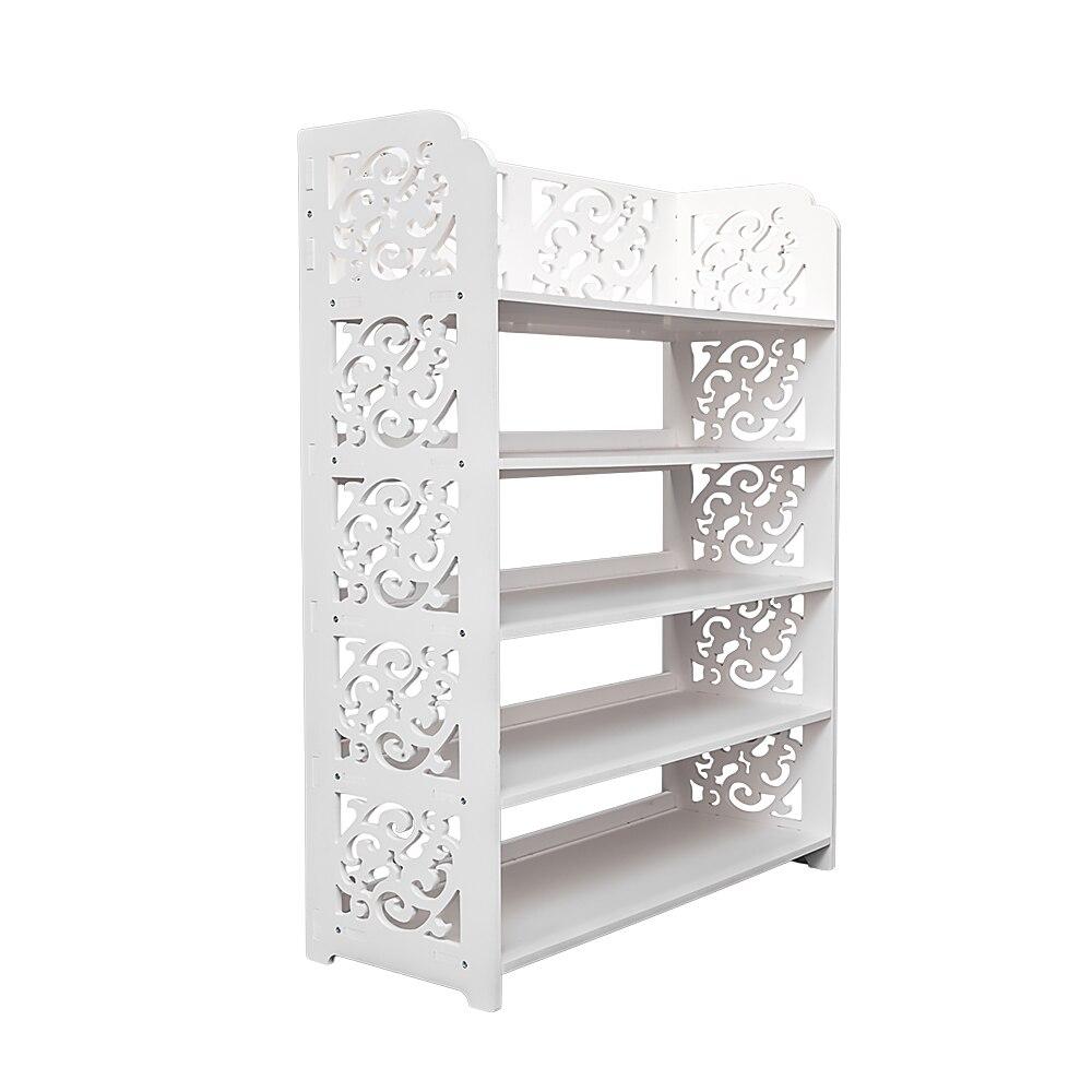 5-Tiers Carved Shoe Rack made of waterproof wood-plastic board, featuring five spacious tiers in a stylish white finish.