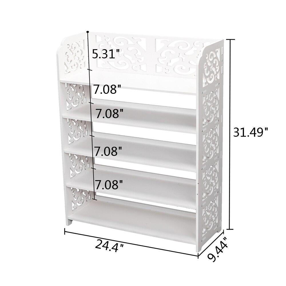 5-Tiers Carved Shoe Rack made of waterproof wood-plastic board, featuring five spacious tiers in a stylish white finish.