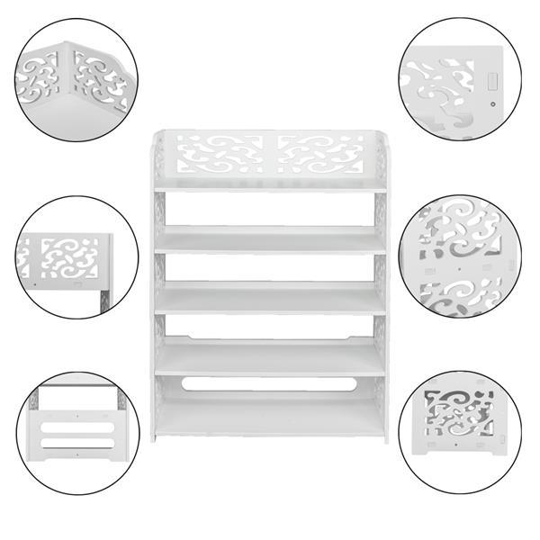 5-Tiers Carved Shoe Rack made of waterproof wood-plastic board, featuring five spacious tiers in a stylish white finish.