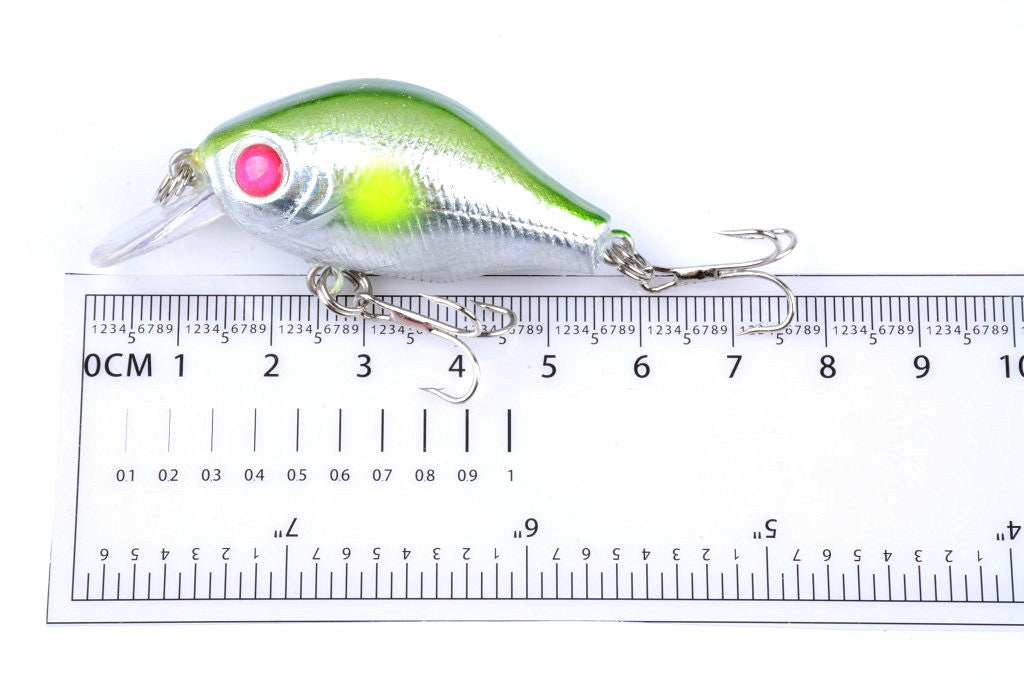 Five colorful 5.5cm Popper Crank Bait Fishing Lures displayed together, showcasing their realistic fish patterns and sharp hooks.