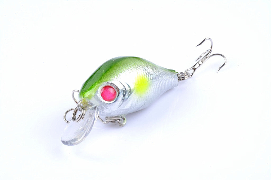 Five colorful 5.5cm Popper Crank Bait Fishing Lures displayed together, showcasing their realistic fish patterns and sharp hooks.