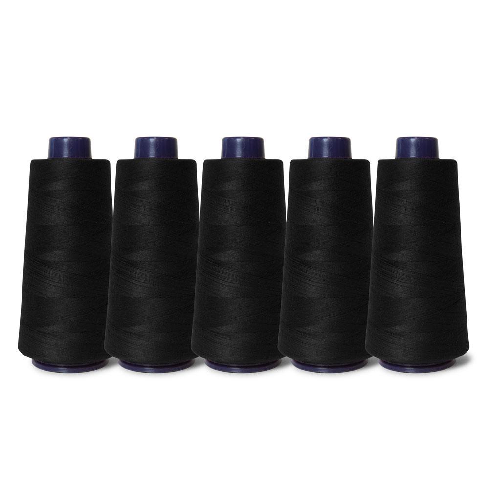 Five spools of black Hemline sewing overlocker thread, each 2000m long, showcasing high-quality polyester material.