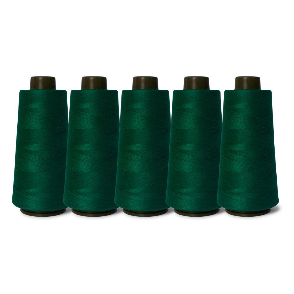 Five spools of bottle green sewing overlocker thread, each 2000m long, showcasing high-quality polyester material.