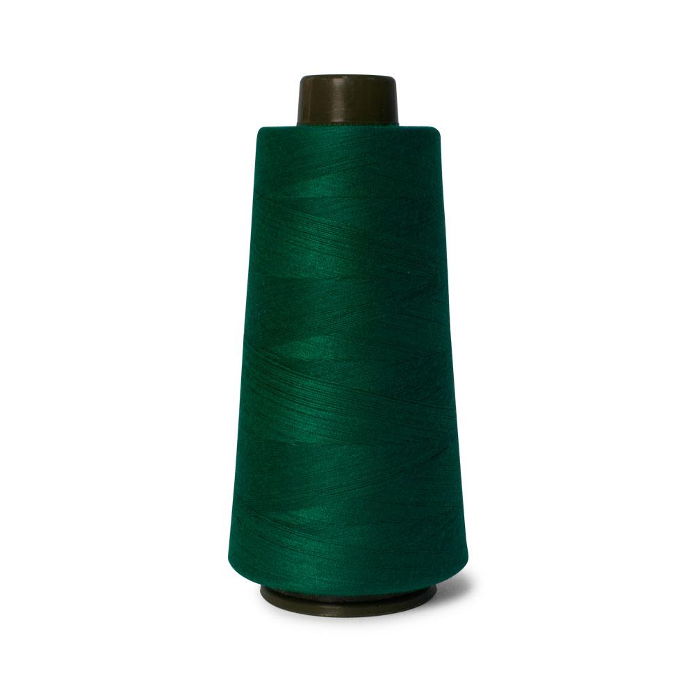 Five spools of bottle green sewing overlocker thread, each 2000m long, showcasing high-quality polyester material.