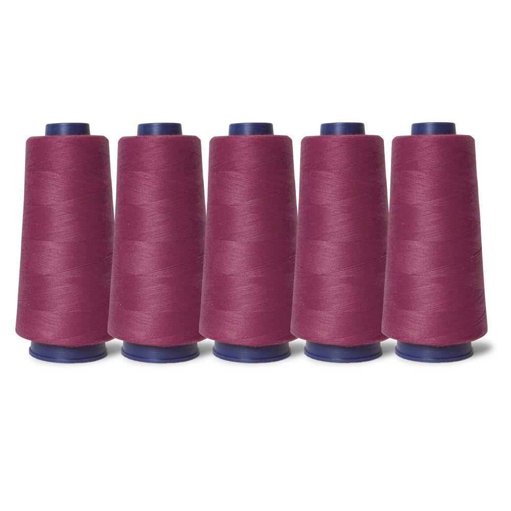 Five spools of cerise cherry pink sewing overlocker thread, each 2000m long, displayed together.