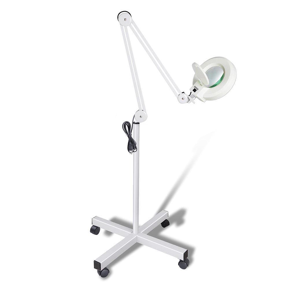 5x magnifying lamp with fluorescent light, featuring a swivel wheeled base and adjustable arm for beauty and craft use.