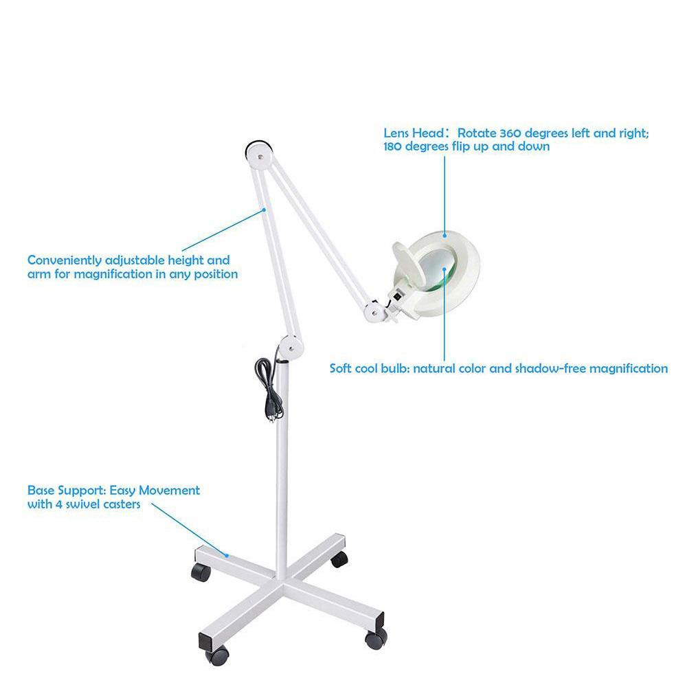 5x magnifying lamp with fluorescent light, featuring a swivel wheeled base and adjustable arm for beauty and craft use.