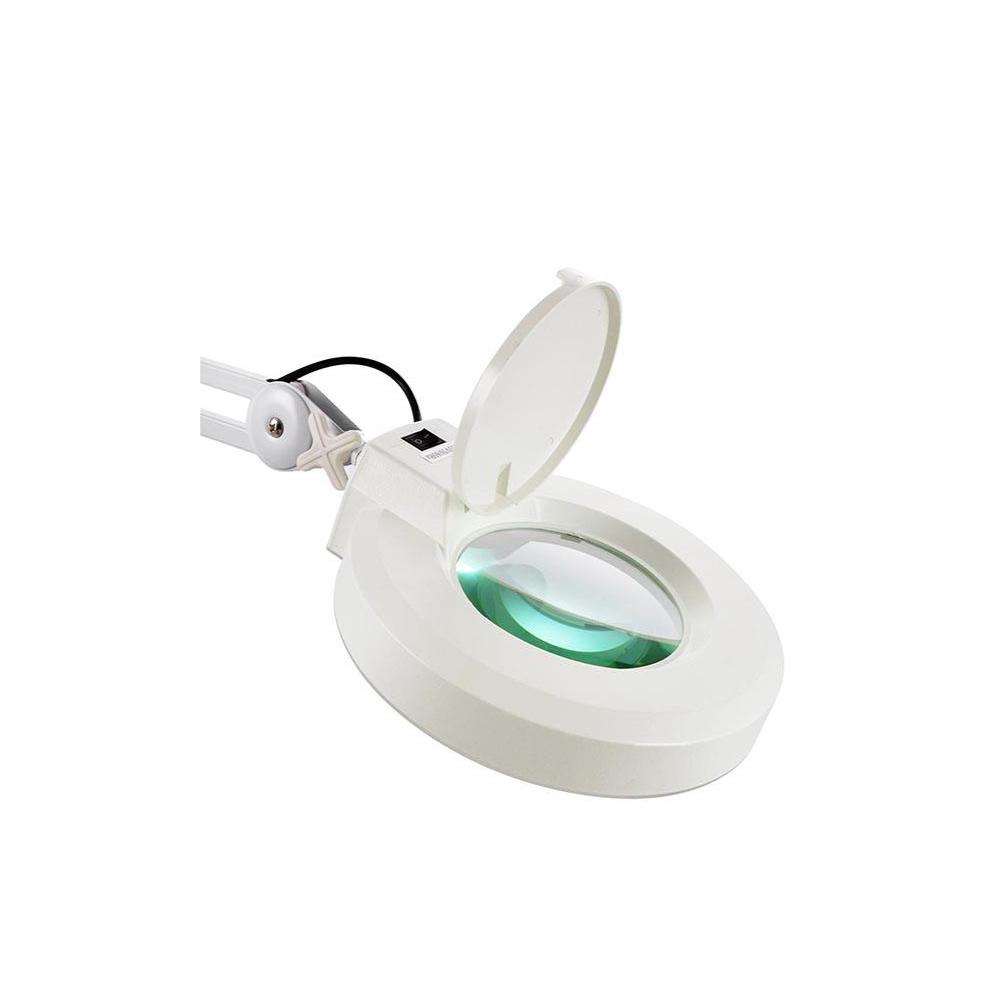 5x magnifying lamp with fluorescent light, featuring a swivel wheeled base and adjustable arm for beauty and craft use.