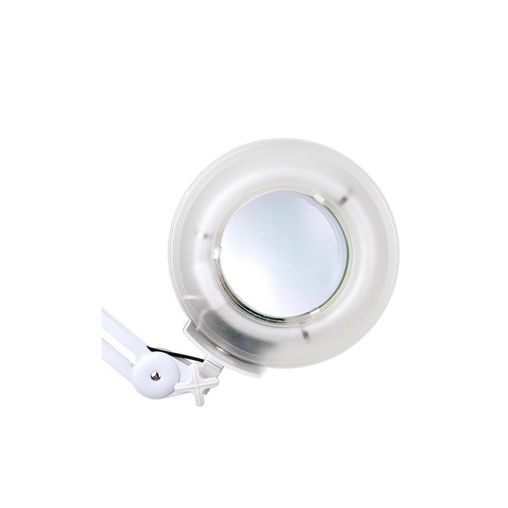 5x magnifying lamp with fluorescent light, featuring a swivel wheeled base and adjustable arm for beauty and craft use.