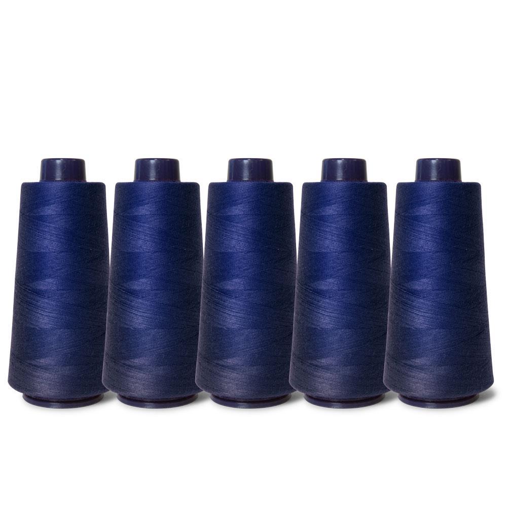 Five spools of navy sewing overlocker thread, each 2000m long, showcasing high-quality polyester material for sewing and overlocking.