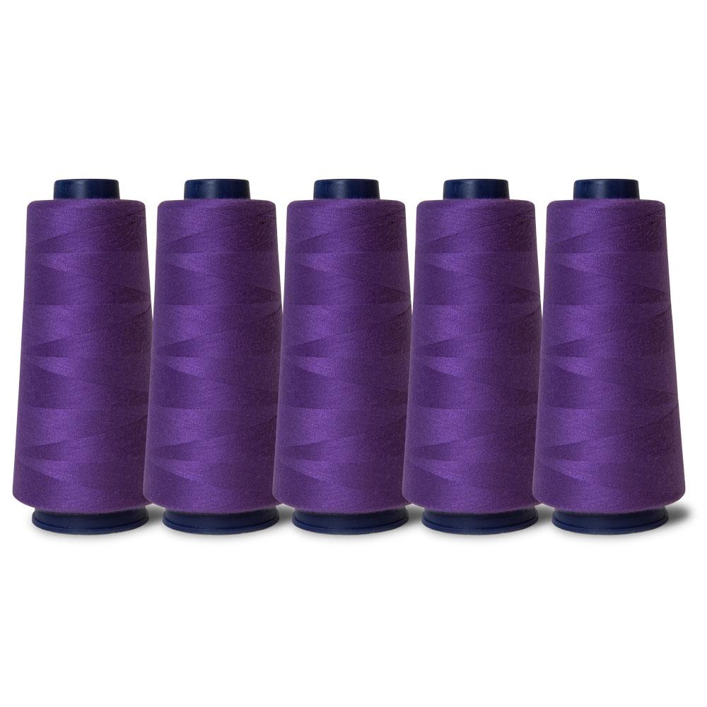 Five spools of purple sewing overlocker thread, each 2000m long, showcasing high-quality polyester material for sewing projects.