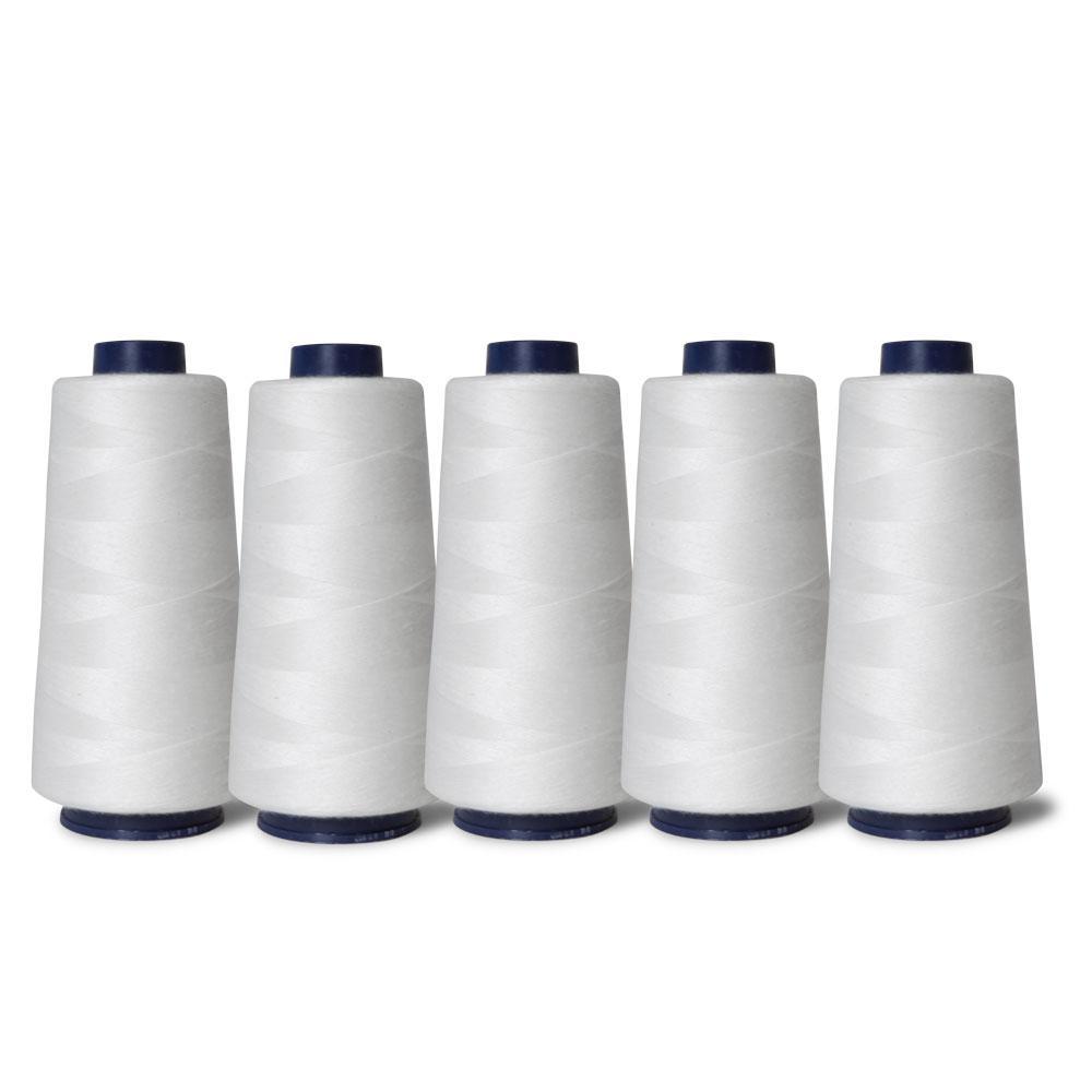 Five spools of white Hemline polyester sewing overlocker thread, each 2000m long, displayed together.