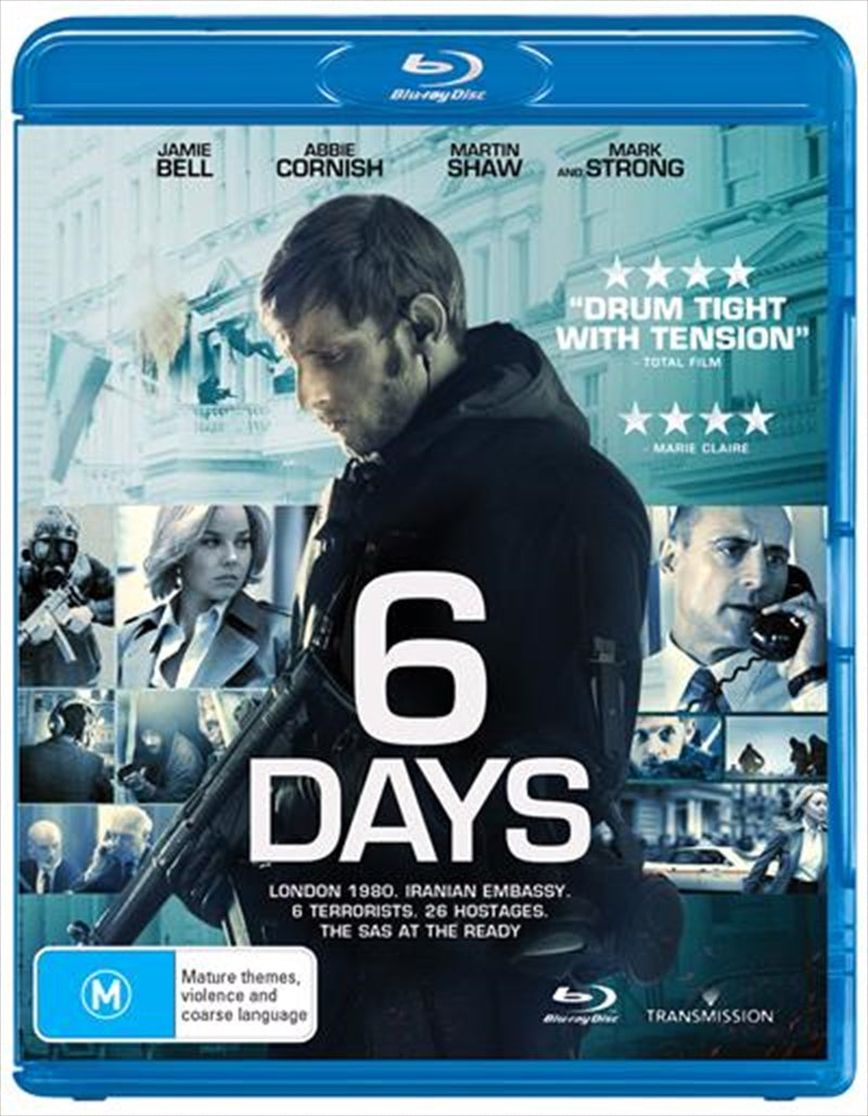 Cover of the 6 Days Blu-ray featuring dramatic imagery from the Iranian Embassy siege.