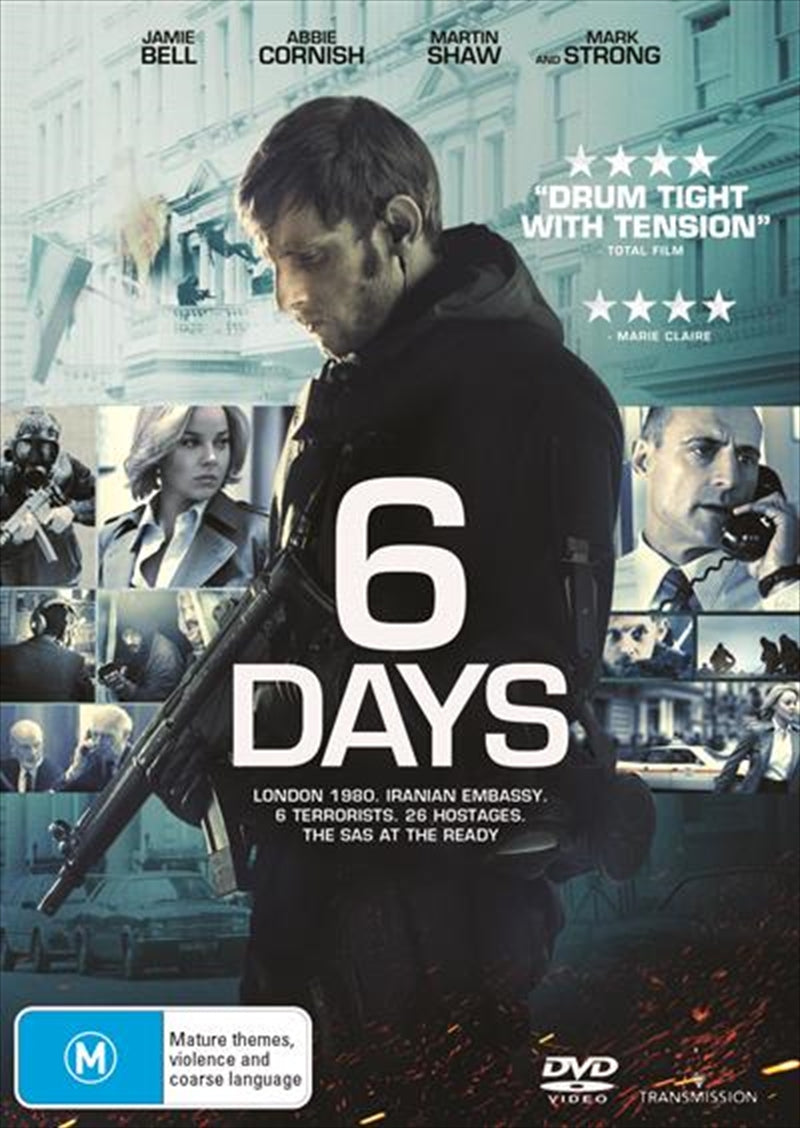 Cover of the 6 Days DVD featuring intense imagery related to the Iranian Embassy siege.