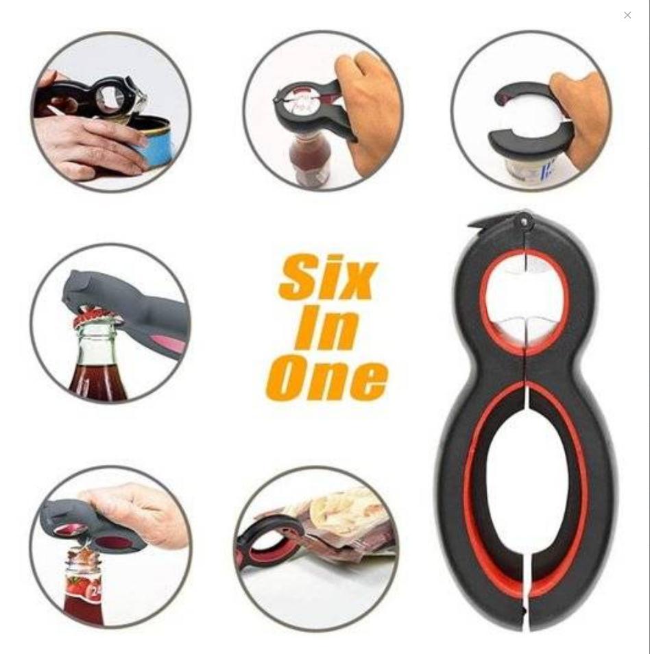 A 6-in-1 bottle opener featuring a rubber grip, designed for easy opening of jars, bottles, and cans, suitable for all ages.