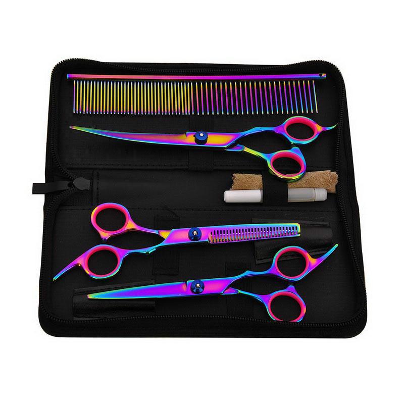 6 Inch Hair Grooming Scissors Kit featuring colorful stainless steel scissors and grooming tools in a stylish case.