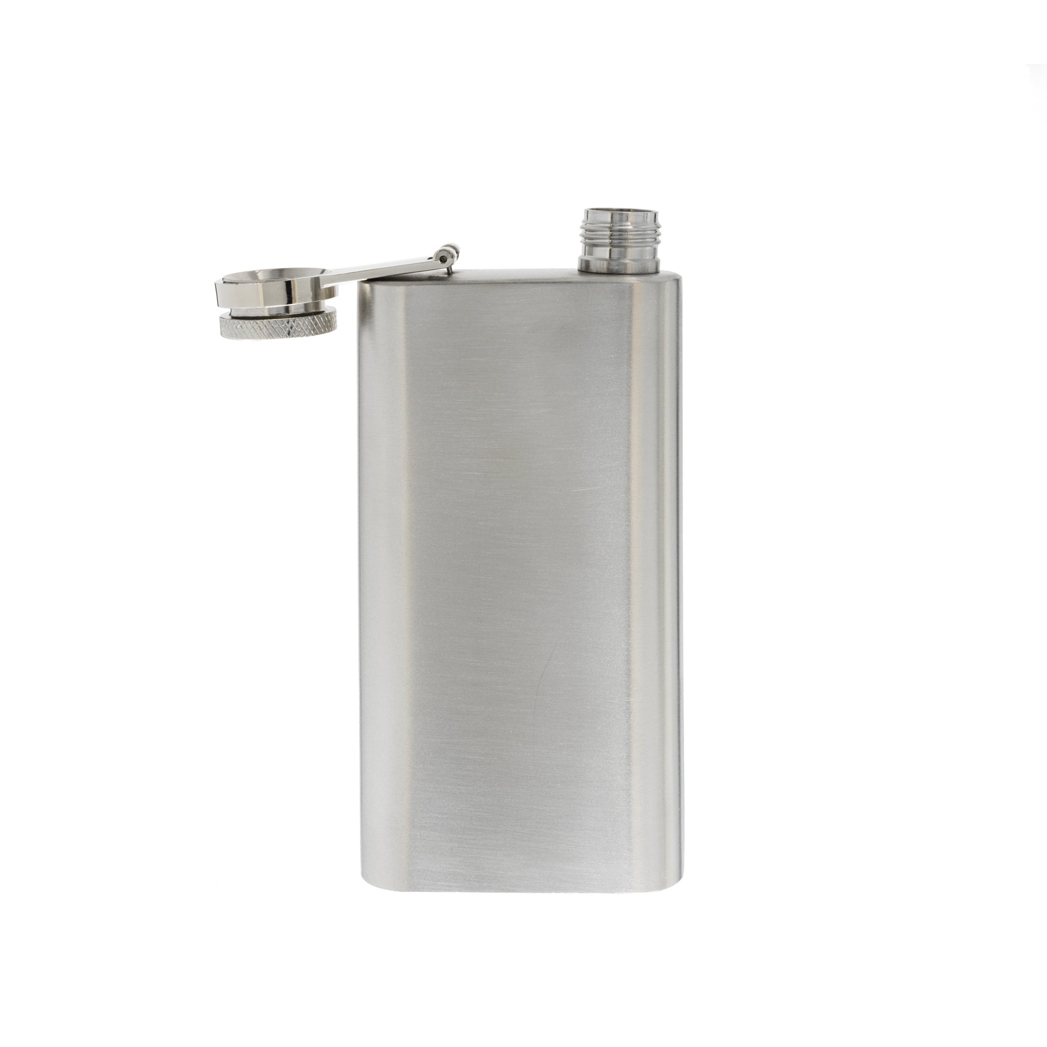 A sleek 6 oz silver stainless steel pocket flask, perfect for carrying beverages on the go, featuring a polished finish and compact design.