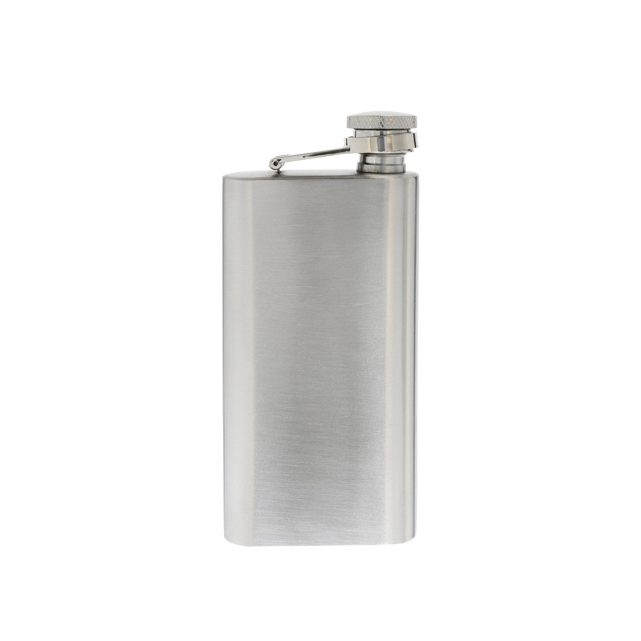 A sleek 6 oz silver stainless steel pocket flask, perfect for carrying beverages on the go, featuring a polished finish and compact design.