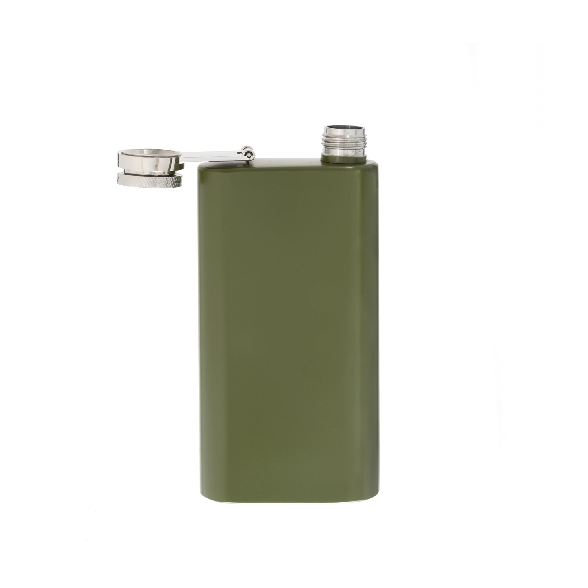 A sleek 6 oz stainless steel green pocket flask, perfect for carrying beverages on the go, showcasing its compact design and stylish finish.