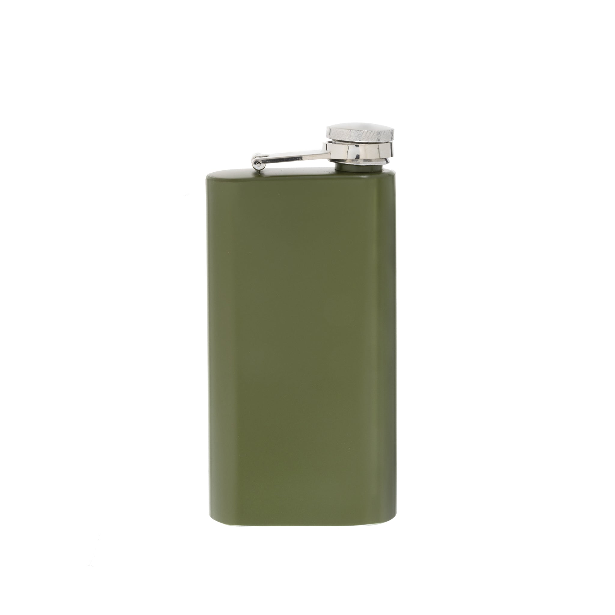 A sleek 6 oz stainless steel green pocket flask, perfect for carrying beverages on the go, showcasing its compact design and stylish finish.