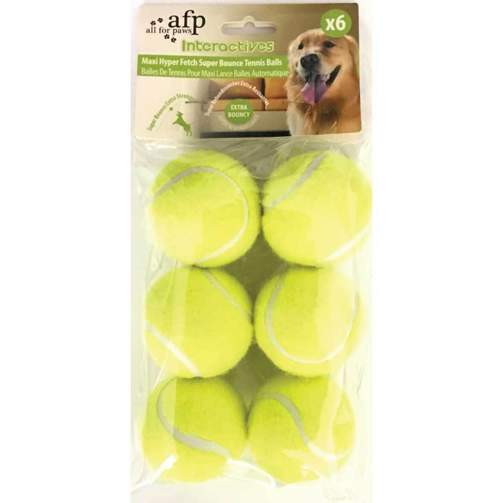 A pack of 6 Extra Bouncy Dog Fetch Balls, designed for energetic play, featuring vibrant colors and a standard tennis ball size.