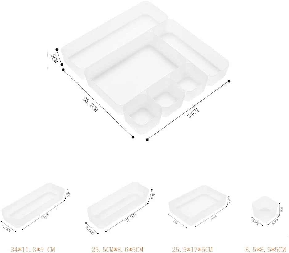 A set of six frosted plastic drawer organizers in various sizes, ideal for makeup, kitchenware, and office supplies, displayed on a clean surface.