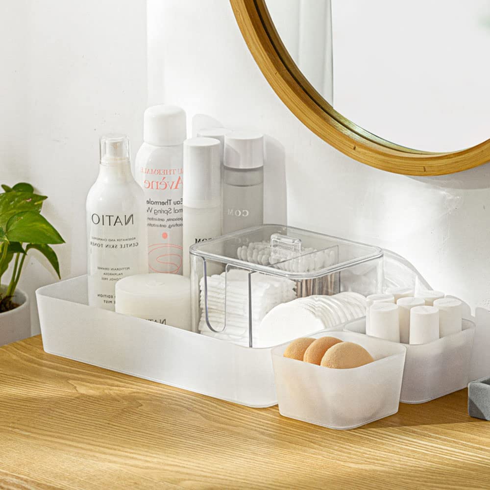 A set of six frosted plastic drawer organizers in various sizes, ideal for makeup, kitchenware, and office supplies, displayed on a clean surface.