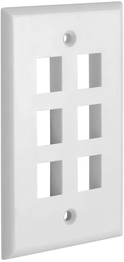 6 Port QuickPort outlet wall plate in white, featuring six keystone jack inserts and mounting screws for easy installation.