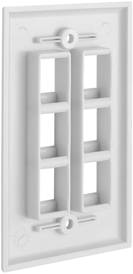 6 Port QuickPort outlet wall plate in white, featuring six keystone jack inserts and mounting screws for easy installation.