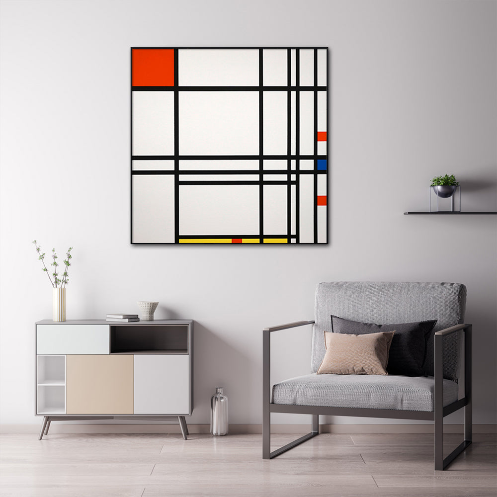 60cmx60cm Abstract Art by Piet Mondrian in a black frame, showcasing vibrant geometric patterns and colors.