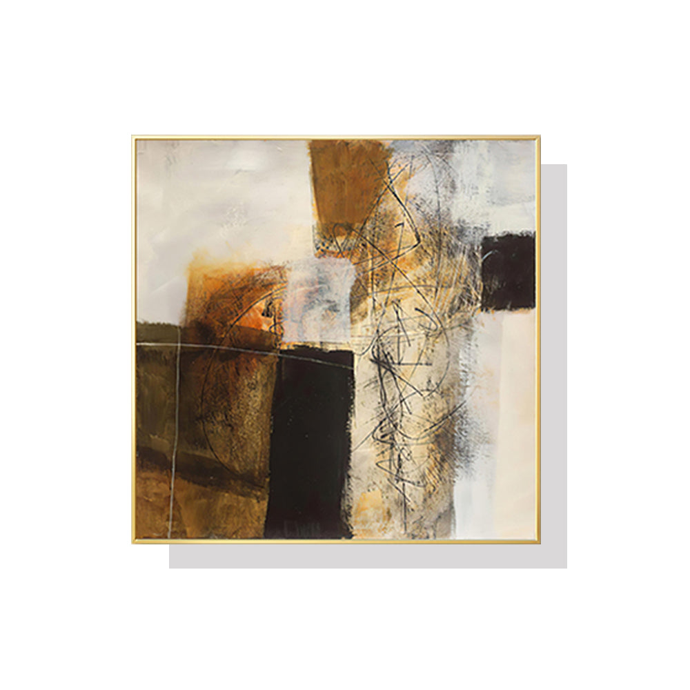 60cmx60cm abstract gold brown painting in a gold frame, showcasing a modern design perfect for home decor.