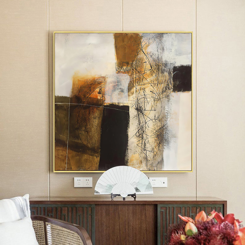 60cmx60cm abstract gold brown painting in a gold frame, showcasing a modern design perfect for home decor.