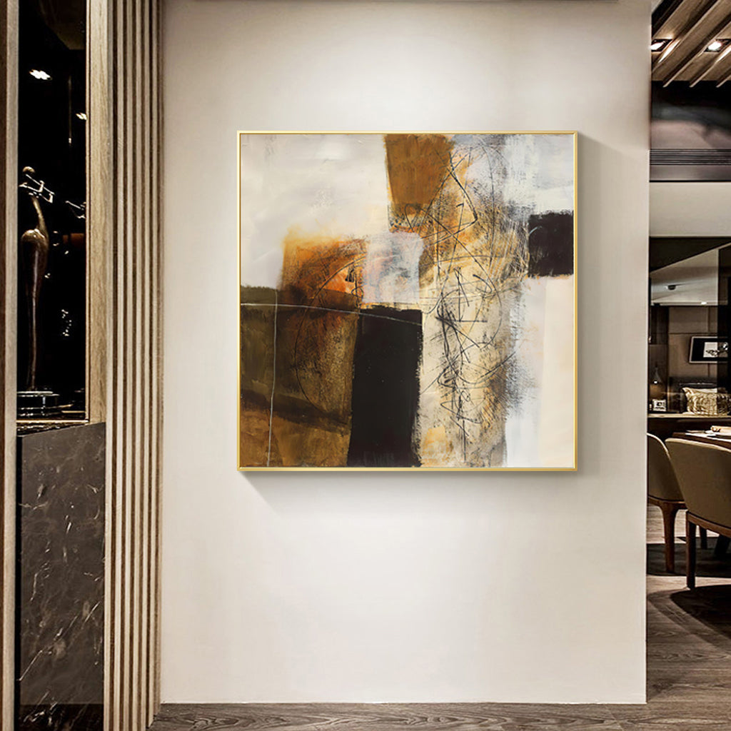 60cmx60cm abstract gold brown painting in a gold frame, showcasing a modern design perfect for home decor.