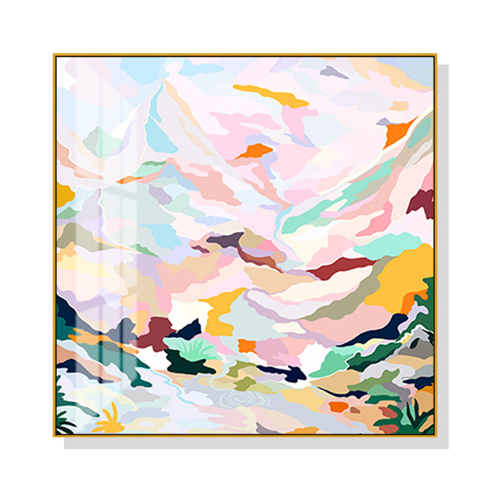 A beautifully framed 60cmx60cm abstract canvas featuring pink mountain design, elegantly displayed in a gold floating frame.