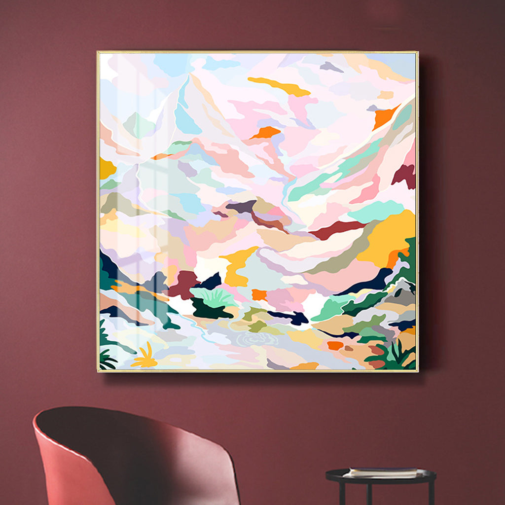 A beautifully framed 60cmx60cm abstract canvas featuring pink mountain design, elegantly displayed in a gold floating frame.