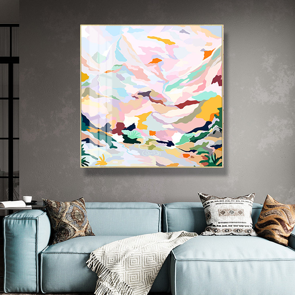 A beautifully framed 60cmx60cm abstract canvas featuring pink mountain design, elegantly displayed in a gold floating frame.