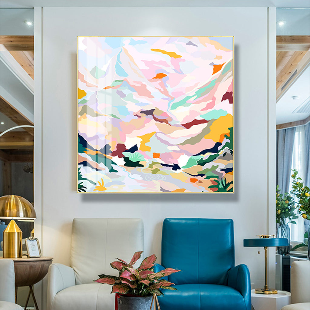 A beautifully framed 60cmx60cm abstract canvas featuring pink mountain design, elegantly displayed in a gold floating frame.