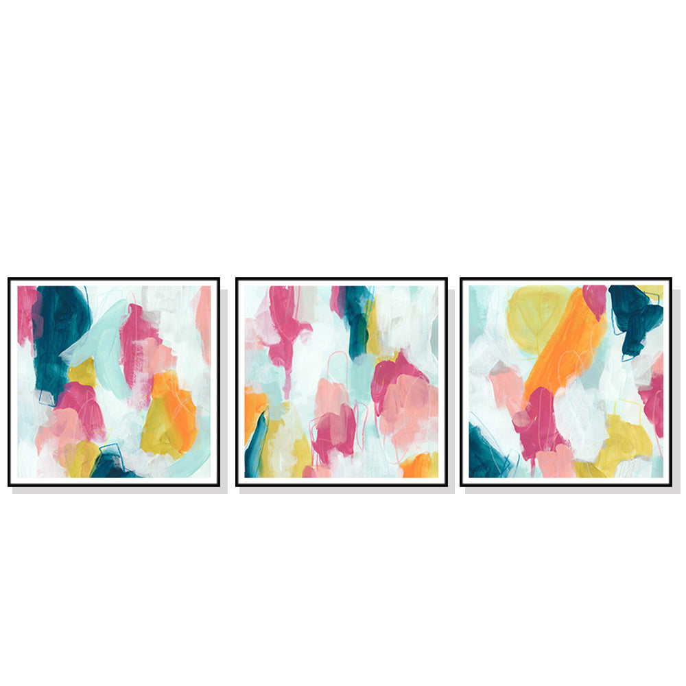 Three sets of vibrant 60cmx60cm canvas wall art in black frames, showcasing colorful designs perfect for home decor.