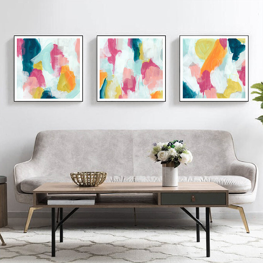 Three sets of vibrant 60cmx60cm canvas wall art in black frames, showcasing colorful designs perfect for home decor.