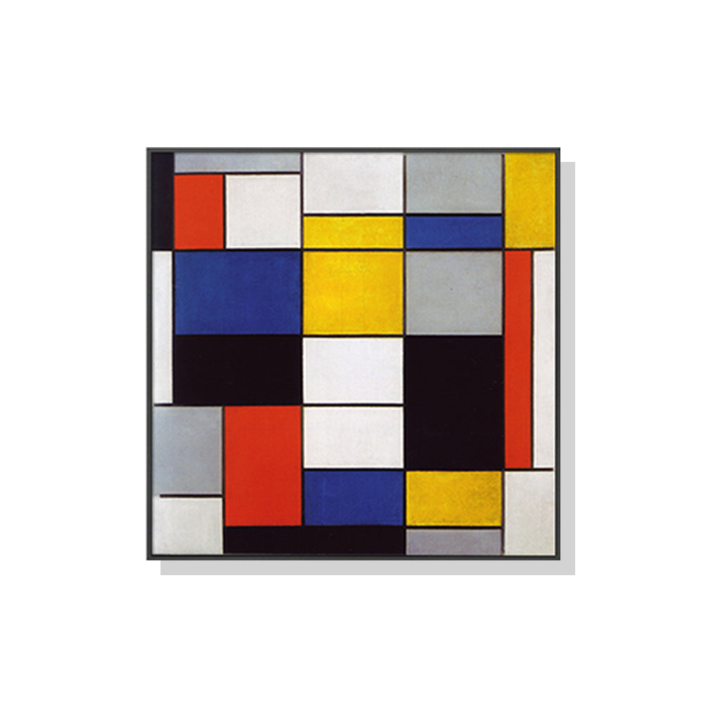 60cmx60cm Large Composition A by Piet Mondrian, framed in black, showcasing vibrant colors and modern design.