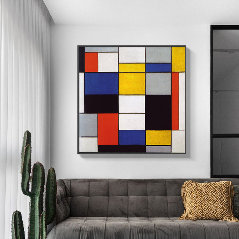 60cmx60cm Large Composition A by Piet Mondrian, framed in black, showcasing vibrant colors and modern design.