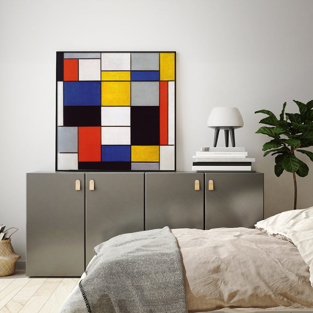 60cmx60cm Large Composition A by Piet Mondrian, framed in black, showcasing vibrant colors and modern design.